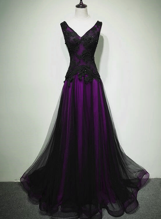Black And Purple V-Neckline A-Line Prom Dresses Tulle With Lace Prom Dresses