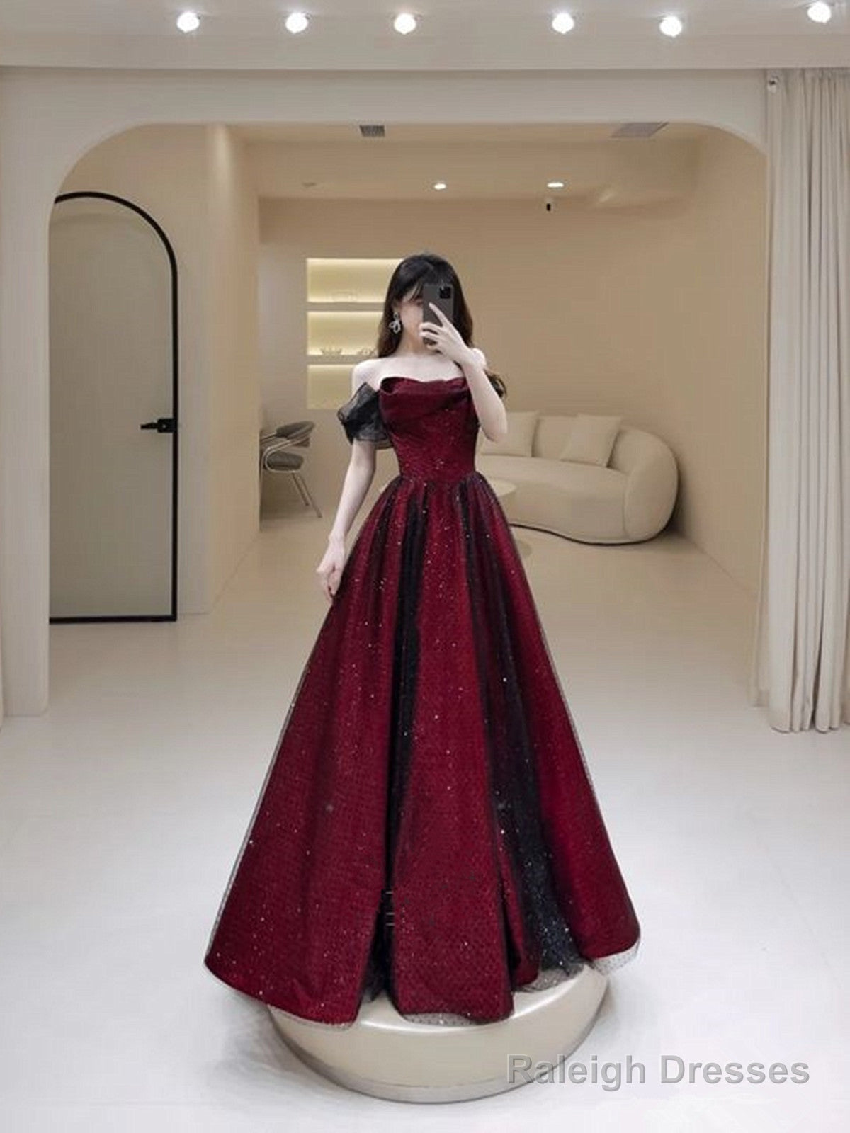 Black And Red A-Line Strapless Party Dress, Off Shoulder Tulle Prom Dress