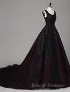 Black And Red Backless Tulle Long Formal Gown, Black And Red Long Prom Dress