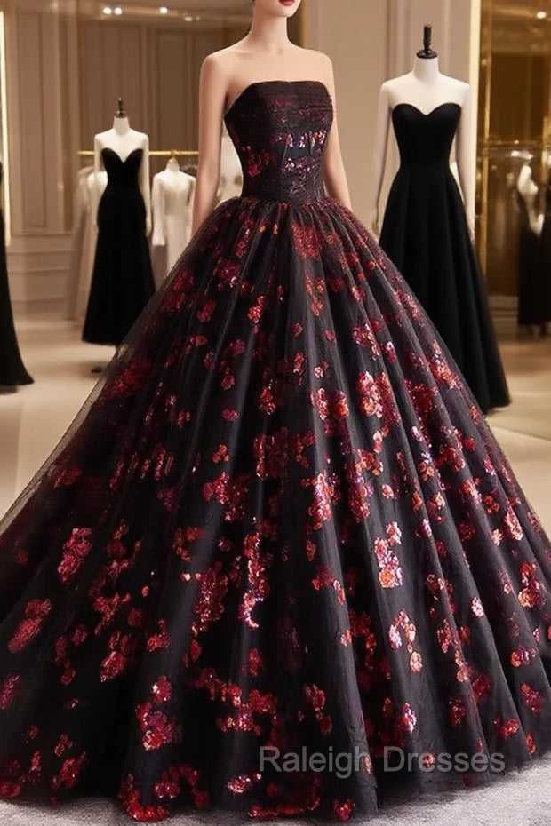 Black and Red Floral Tulle Long Party Dress, Strapless Formal Sweet 16 Dress