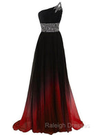 Black And Red Gradient Chiffon One Shoulder Beaded Party Dress, Cute Junior Prom Dress