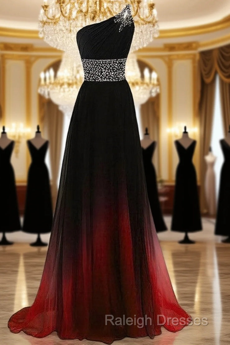 Black And Red Gradient Chiffon One Shoulder Beaded Party Dress, Cute Junior Prom Dress Main image