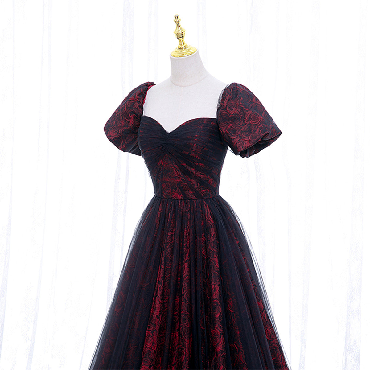 Black And Red Lace Sweetheart Long Prom Dresses Black And Red A-Line Prom Dresses