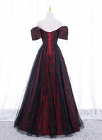 Black And Red Lace Sweetheart Long Prom Dresses Black And Red A-Line Prom Dresses