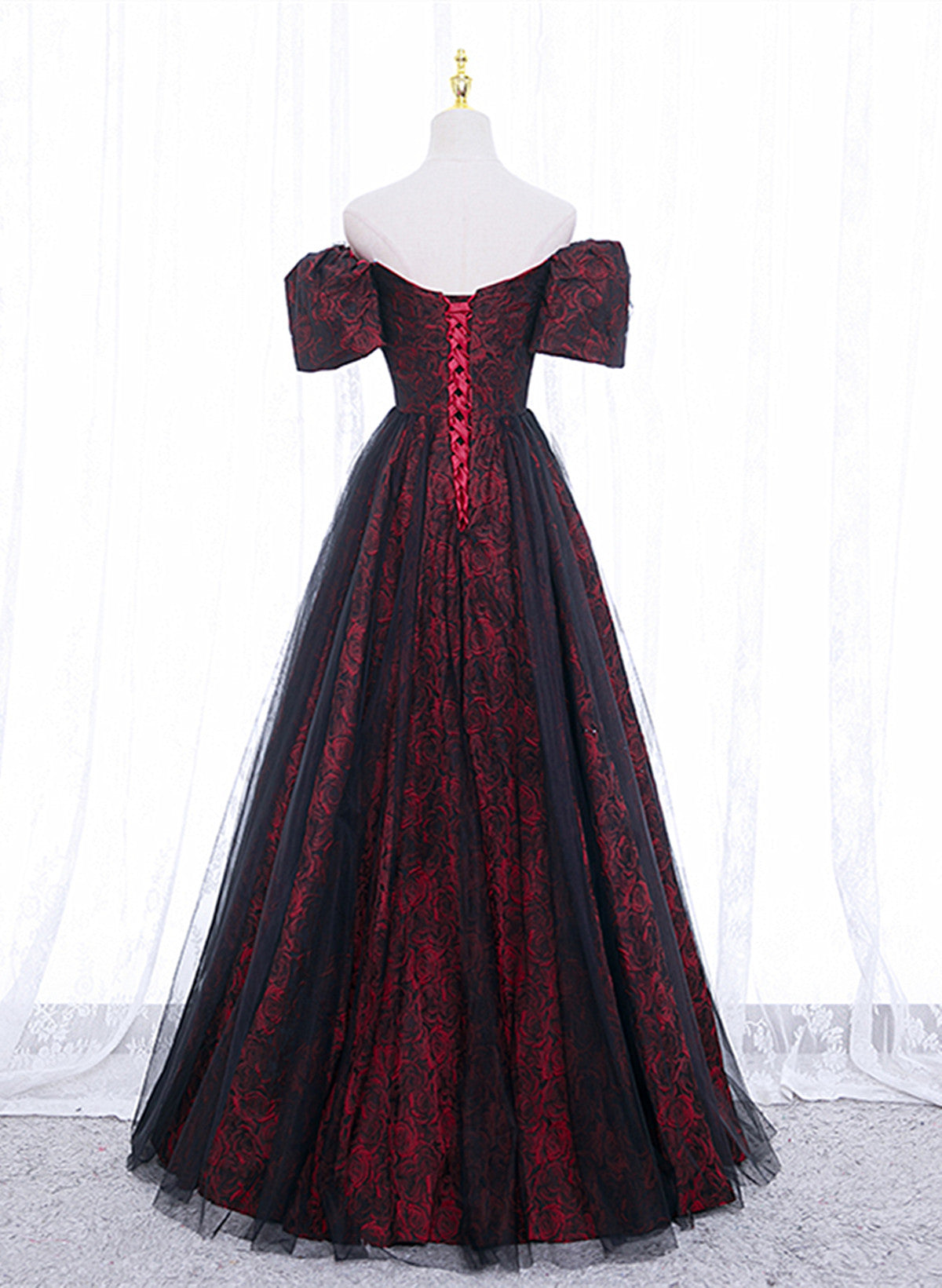 Black And Red Lace Sweetheart Long Prom Dresses Black And Red A-Line Prom Dresses