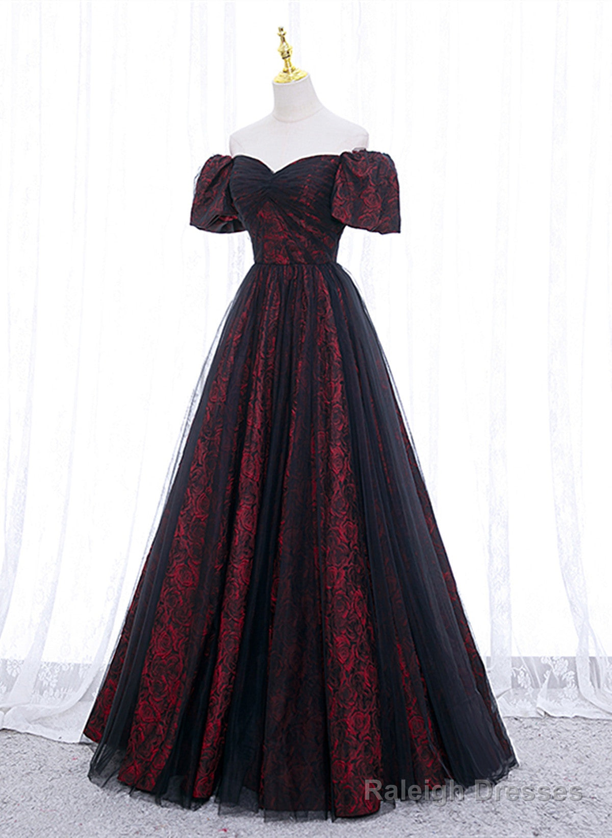 Black And Red Lace Sweetheart Long Party Dress, Black And Red A-Line Prom Dress