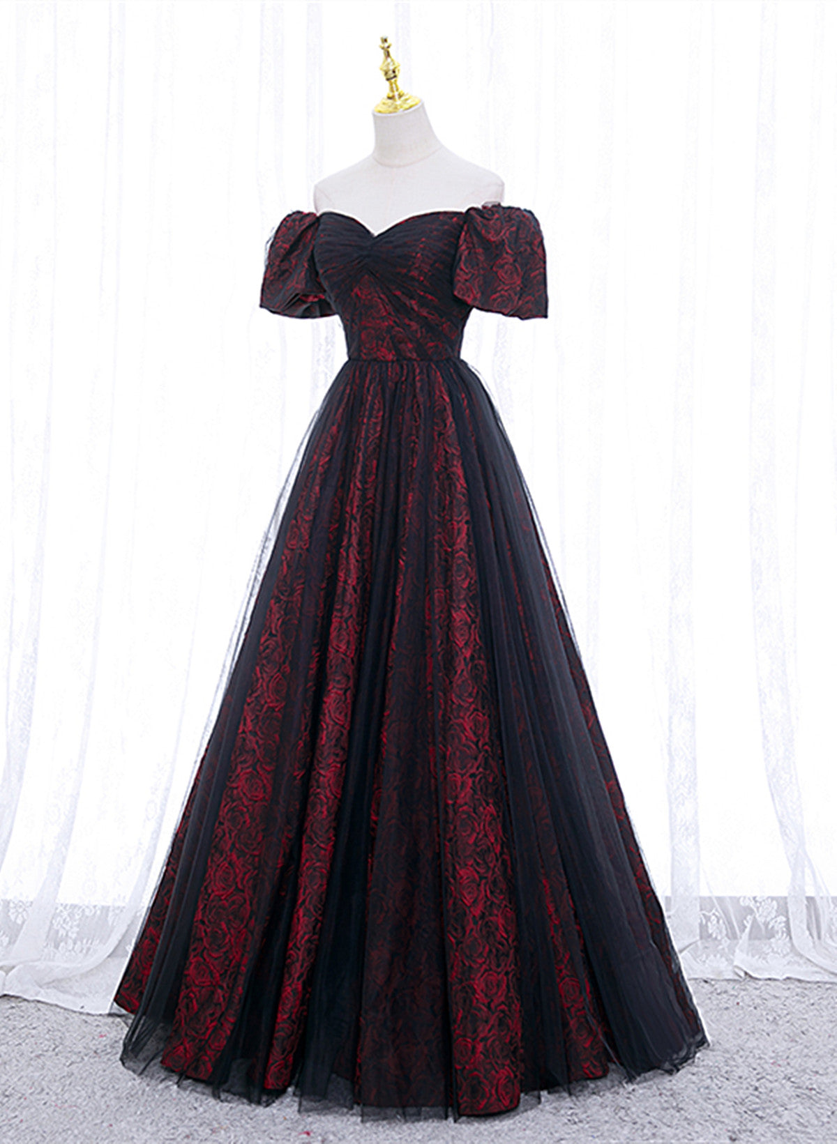 Black And Red Lace Sweetheart Long Prom Dresses Black And Red A-Line Prom Dresses