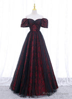Black And Red Lace Sweetheart Long Party Dress, Black And Red A-Line Prom Dress