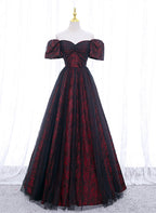 Black And Red Lace Sweetheart Long Prom Dresses Black And Red A-Line Prom Dresses