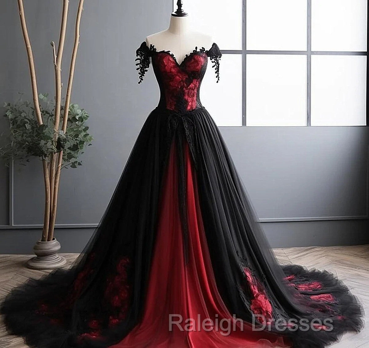 Black And Red Lace Tulle Off Shoulder Prom Dress, Black And Red Formal Dress