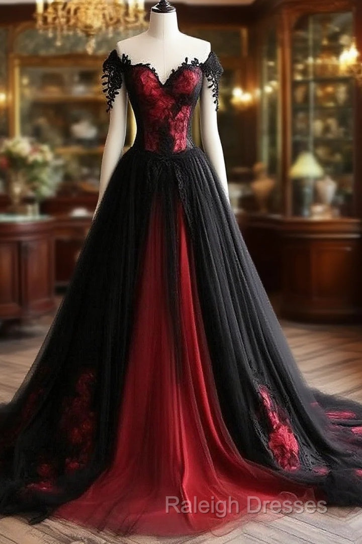 Black And Red Lace Tulle Off Shoulder Prom Dresses Black And Red Prom Dresses Main image