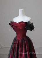 Black and Red Long Party Dress, Off Shoulder Tulle A-line Prom Dress