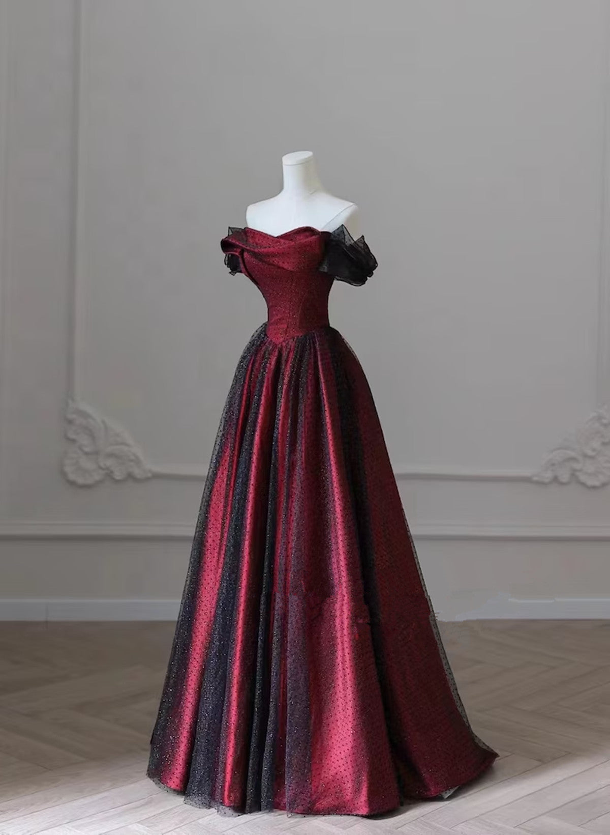 Black And Red Long Prom Dress Evening Dress, Off Shoulder A-Line Party Dress
