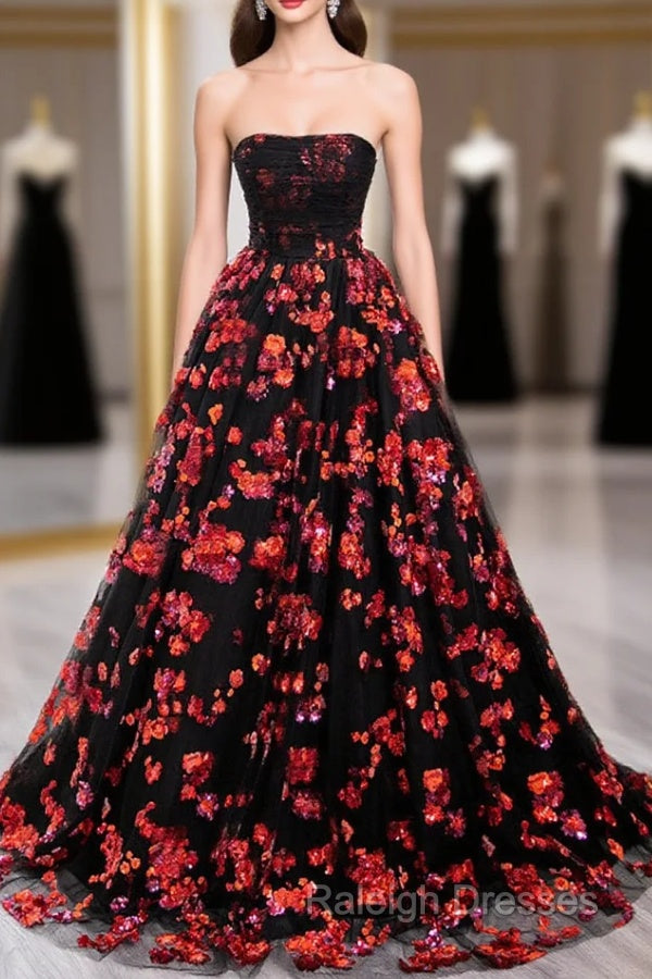 Black and Red Off Shoulder Floral Tulle Formal Dress, Floor Length Party Dress