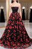 Black and Red Off Shoulder Floral Tulle Formal Dress, Floor Length Party Dress