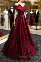 Black and Red Satin Off Shoulder Long Junior Prom Dress, A Line Satin Prom Dress