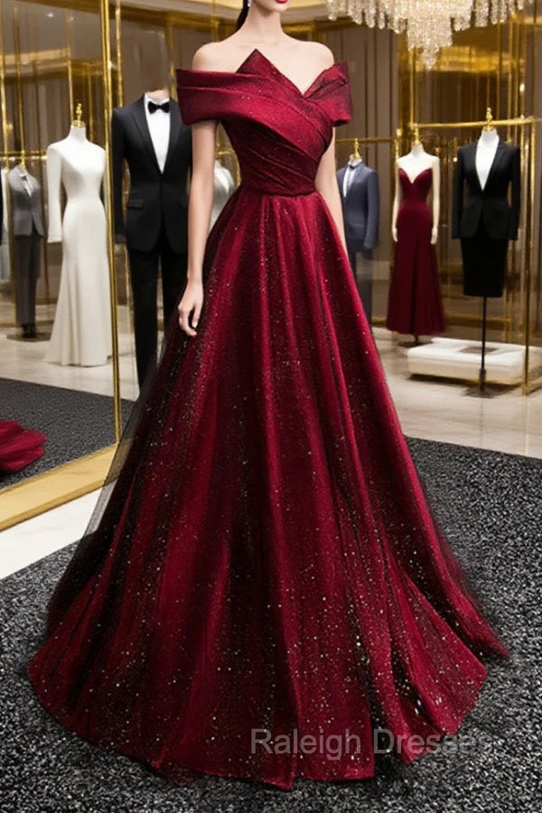 Black and Red Satin Off Shoulder Long Junior Prom Dress, A Line Satin Prom Dress