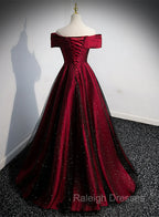 Black and Red Satin Off Shoulder Long Junior Prom Dress, A Line Satin Prom Dress