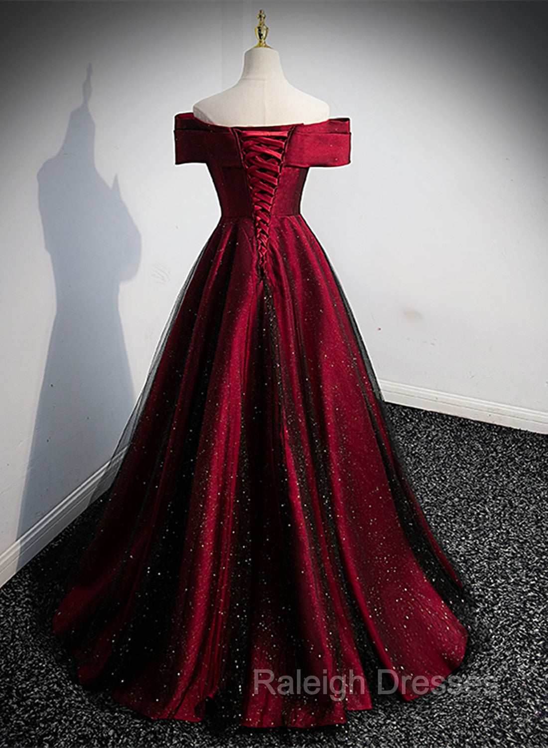 Black and Red Satin Off Shoulder Long Junior Prom Dress, A Line Satin Prom Dress
