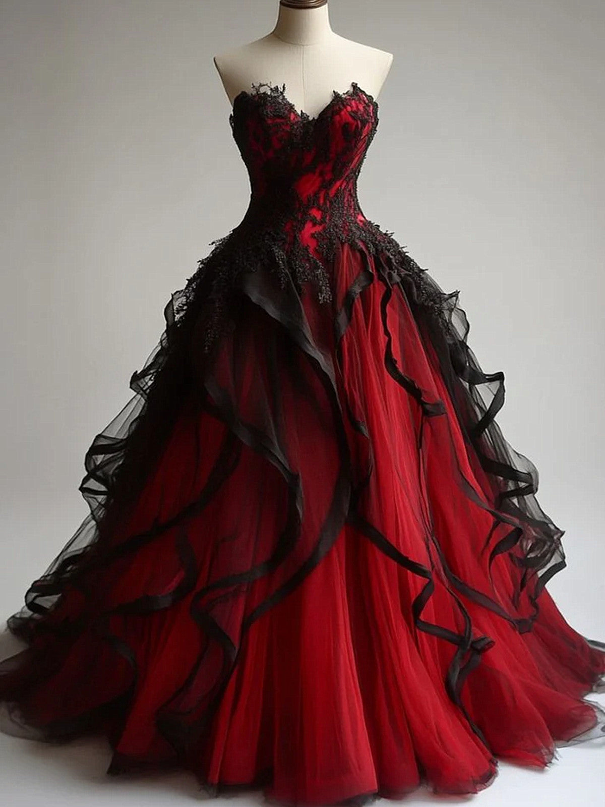 Black And Red Sweetheart Tulle Long Party Dress, A-Line Evening Dress Prom Dress Secondary image