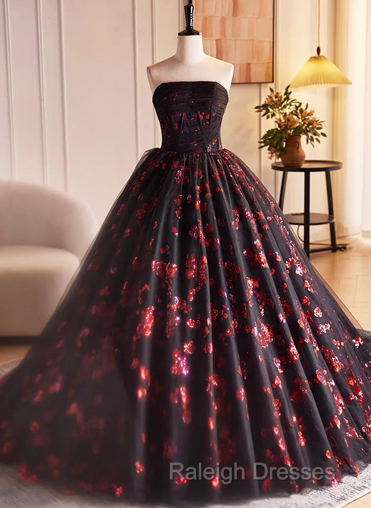 Black And Red Tulle Floral Sweet 16 Dress, Black And Red Party Dress Prom Dress Secondary image