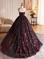 Black And Red Tulle Floral Sweet 16 Dress, Black And Red Party Dress Prom Dress