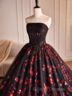 Black And Red Tulle Floral Sweet 16 Dress, Black And Red Party Dress Prom Dress