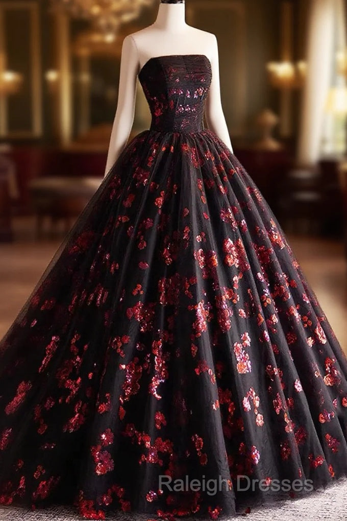 Black And Red Tulle Floral Sweet 16 Dress, Black And Red Party Dress Prom Dress