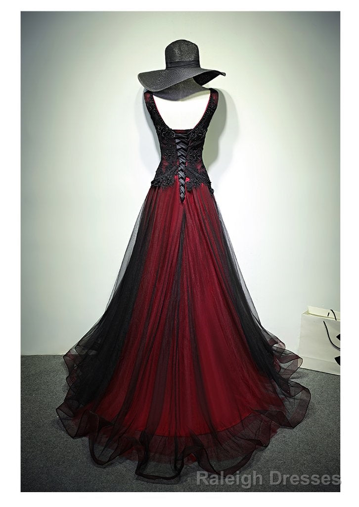 Black and Red Tulle V Neckline Beaded Lace Long Prom Dress,A Line Formal Prom Dresses Secondary image