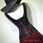 Black and Red Tulle V Neckline Beaded Lace Long Prom Dress,A Line Formal Prom Dresses