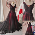 Black And Red Tulle V-Neckline Beaded Party Dress, Black And Red Evening Dress