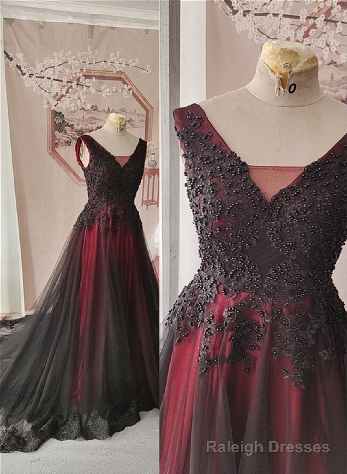 Black And Red Tulle V-Neckline Beaded Party Dress, Black And Red Evening Dress Main image