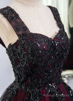 Black And Red Tulle With Black Lace Applique Prom Dress, Black Tulle Sweet 16 Dress