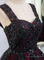 Black And Red Tulle With Black Lace Applique Prom Dresses Black Tulle Sweet 16 Dresses