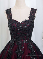 Black And Red Tulle With Black Lace Applique Prom Dresses Black Tulle Sweet 16 Dresses