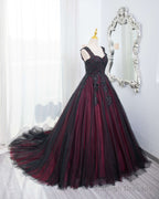 Black And Red Tulle With Black Lace Applique Prom Dress, Black Tulle Sweet 16 Dress