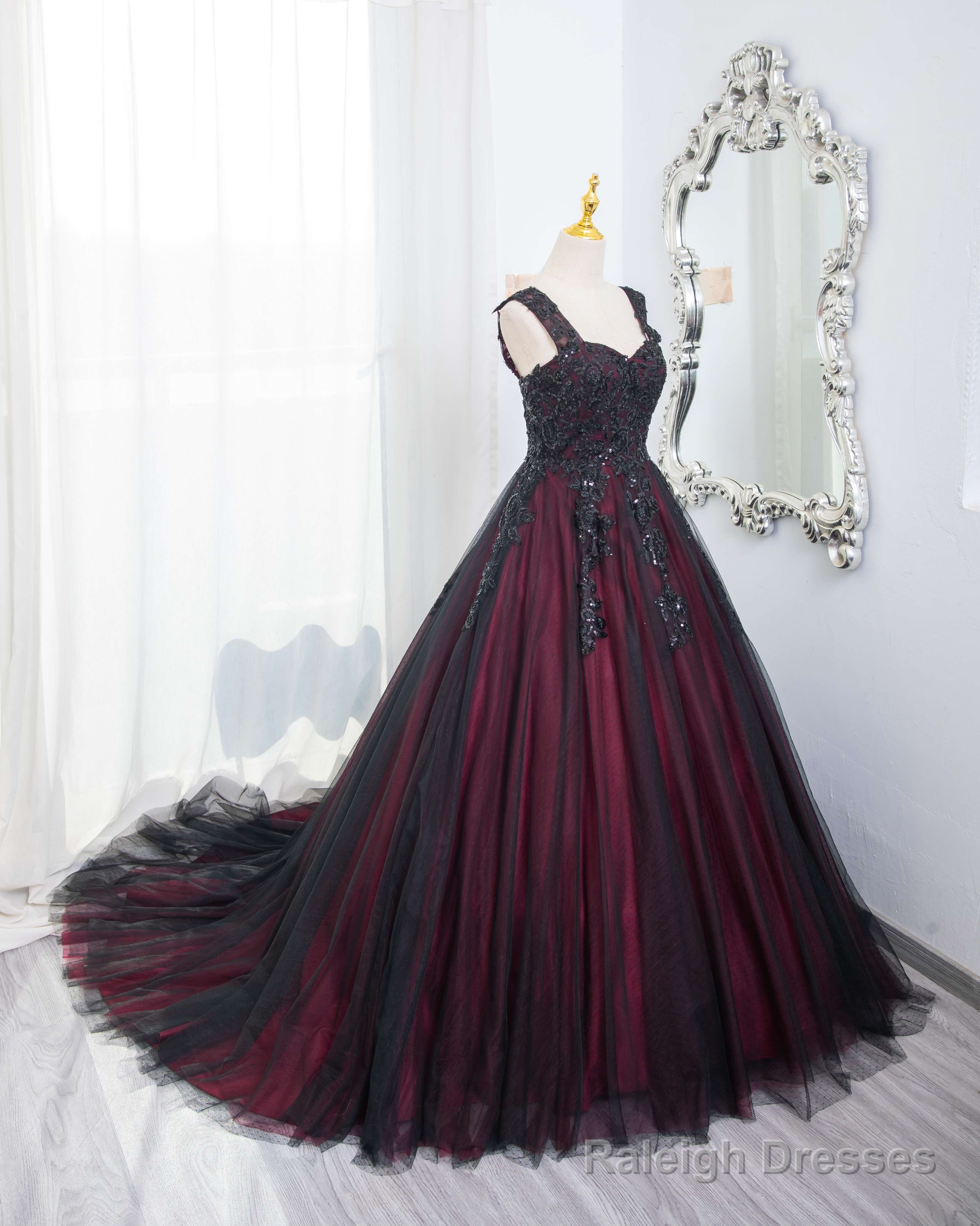 Black And Red Tulle With Black Lace Applique Prom Dress, Black Tulle Sweet 16 Dress