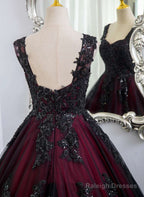Black And Red Tulle With Black Lace Applique Prom Dress, Black Tulle Sweet 16 Dress