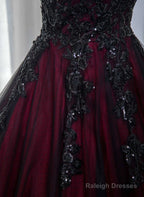 Black And Red Tulle With Black Lace Applique Prom Dress, Black Tulle Sweet 16 Dress