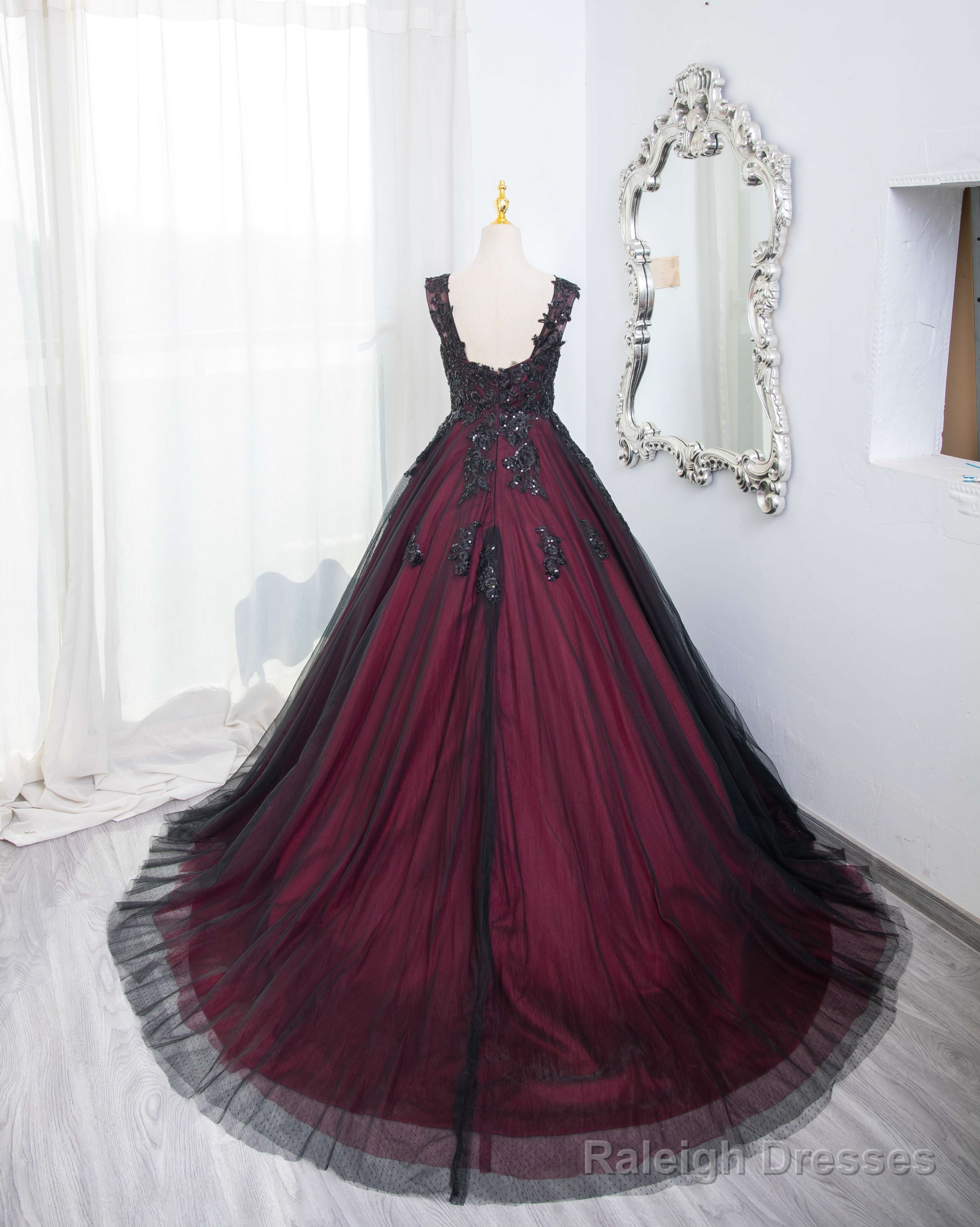 Black And Red Tulle With Black Lace Applique Prom Dress, Black Tulle Sweet 16 Dress