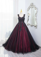 Black And Red Tulle With Black Lace Applique Prom Dress, Black Tulle Sweet 16 Dress