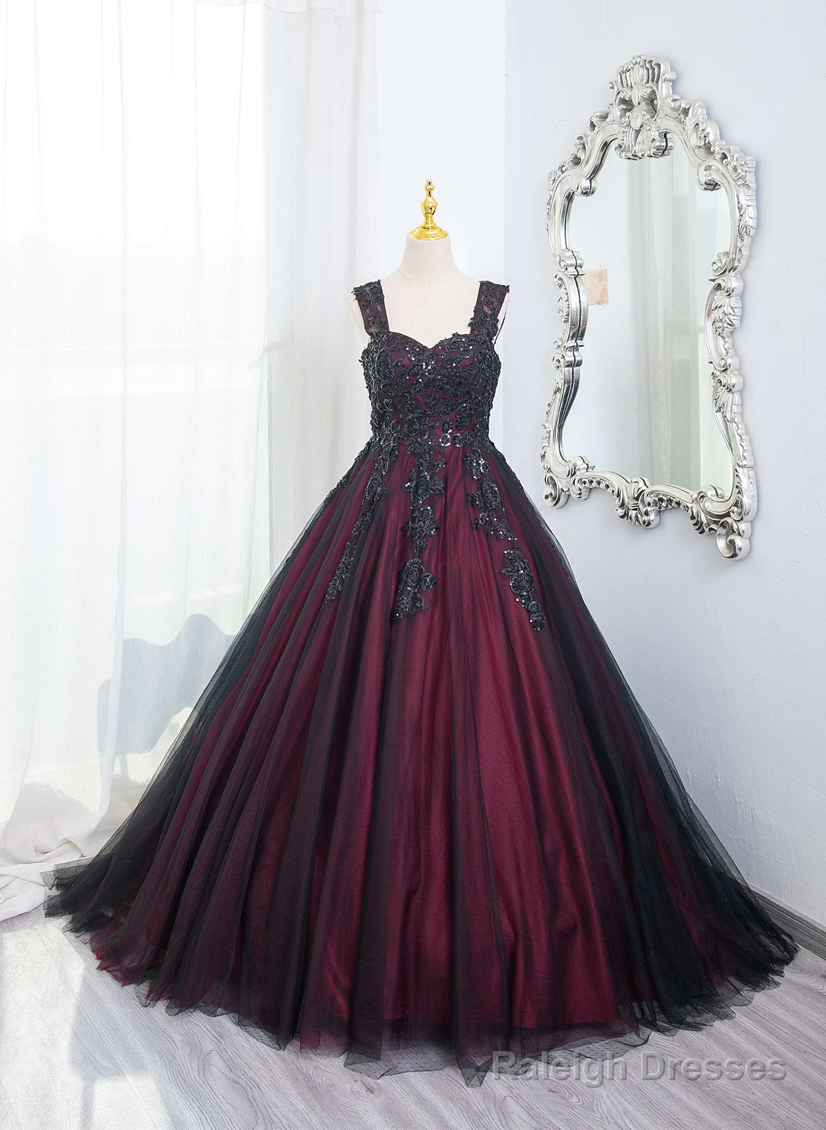 Black And Red Tulle With Black Lace Applique Prom Dress, Black Tulle Sweet 16 Dress