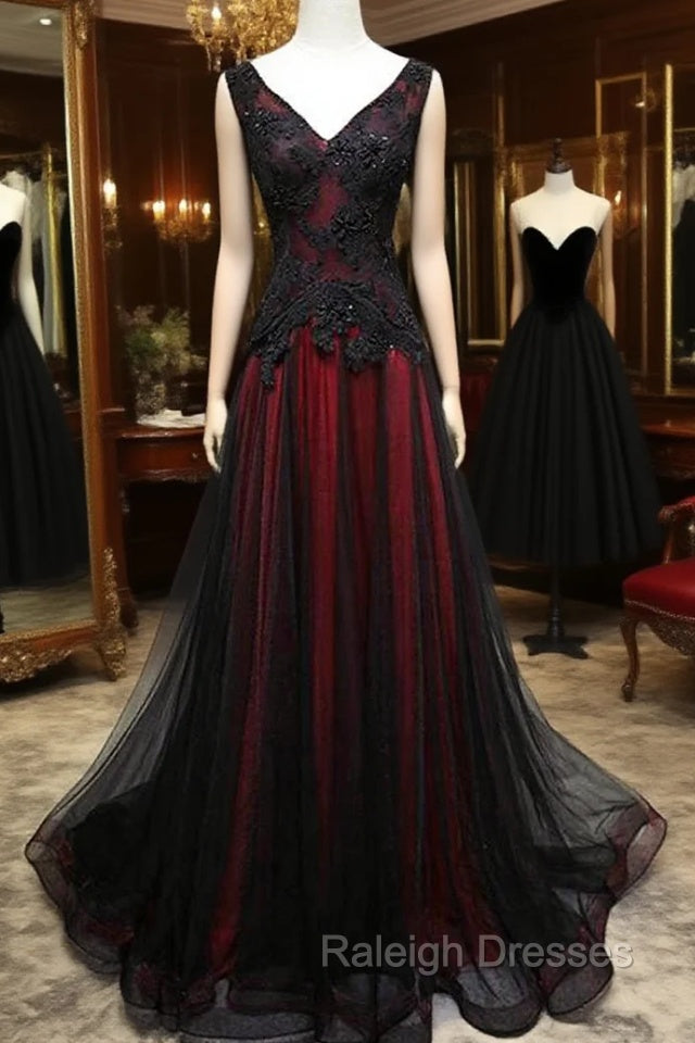 Black and Red V Neck Tulle Long Prom Dress, Lace Prom Dress Main image