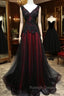 Black and Red V Neck Tulle Long Prom Dress, Lace Prom Dress