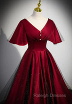 Black and Red V Neckline Long Satin Prom Dresses Chic Long A Line Prom Dresses