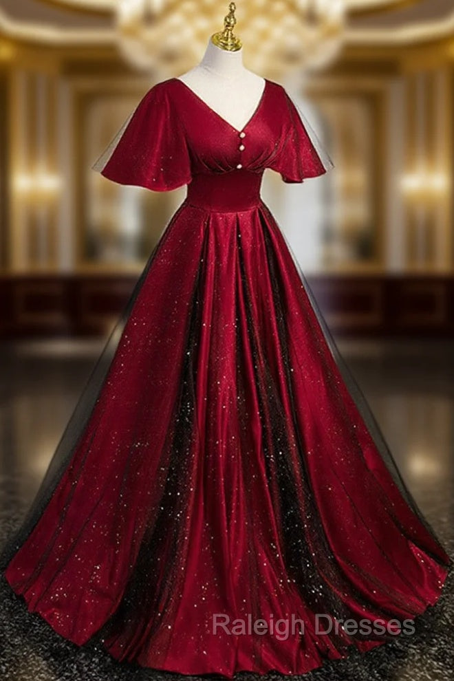 Black and Red V Neckline Long Satin Prom Dresses Chic Long A Line Prom Dresses Main image