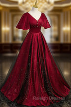 Black and Red V Neckline Long Satin Prom Dresses Chic Long A Line Prom Dresses