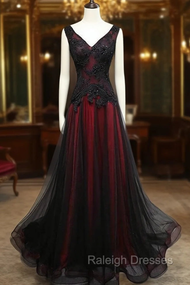 Black and Tulle V Neckline Beaded Lace Long Prom Dress, A Line Prom Dress Main image