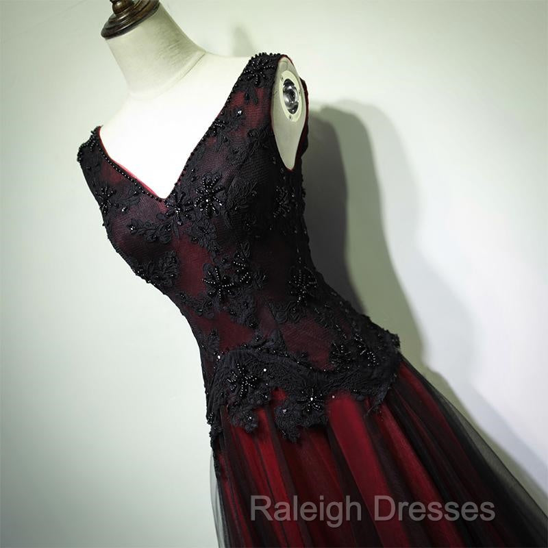 Black And Tulle V-Neckline Beaded Lace Long Prom Dresses A-Line Prom Dressesess Secondary image