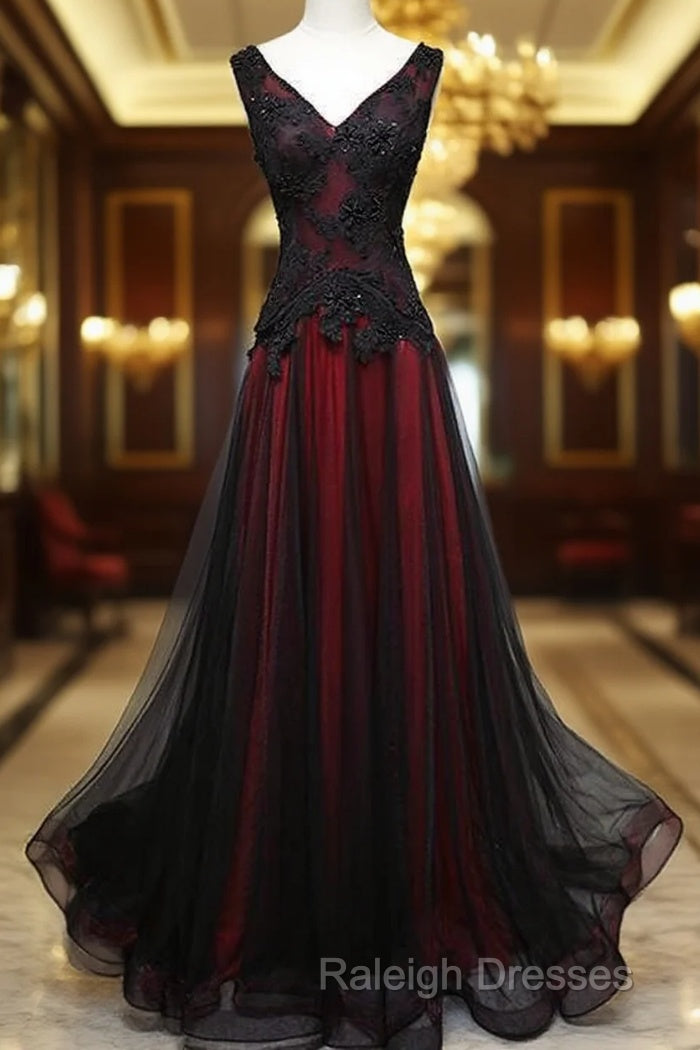 Black And Tulle V-Neckline Beaded Lace Long Party Dress, A-Line Prom Dress Evening Dresss Main image